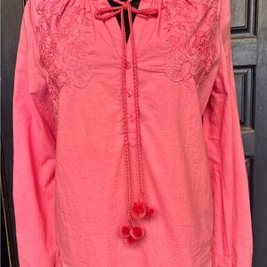 Gold Hawk pink PEASANT Blouse L Tassels Long Sleeve Detailed Embroidery cotton